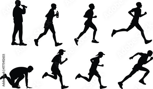Dynamic runners silhouette collection for fitness, marathon training, and competitive sports promotions, ideal for active lifestyle brands and athletic events