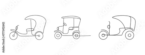Vintage three-wheeled auto rickshaw sketches collection transportation old style