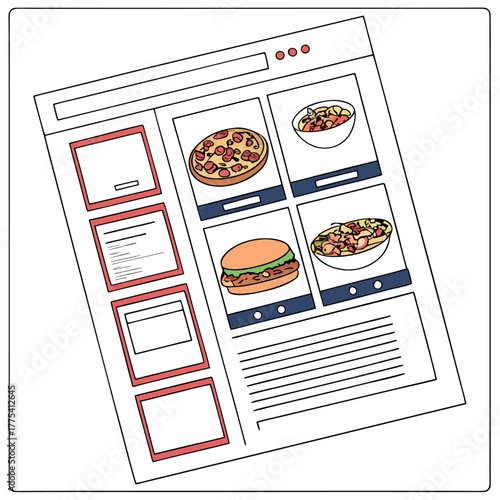 Online food delivery app menu for ordering pizza burger salad