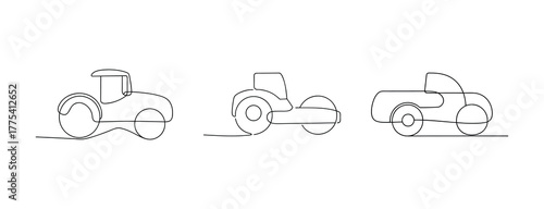 Three vintage construction vehicles in line drawing style artistic renderings