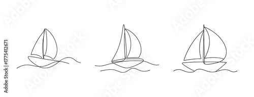 Three sketchy sailboats floating on gentle waves nautical design elements