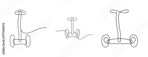 Three line art drawings of segway personal transporters from different angles