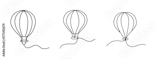 Three simple hot air balloons in a row sketch outline style
