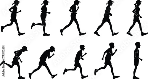 Dynamic runner silhouette sequence, showcasing motion and fitness, perfect for sports branding or health campaigns, conveying energy and athleticism