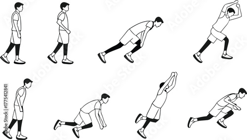 Dynamic athlete stretching routine, preparing for sports performance, vector art shows flexibility and strength training for fitness enthusiasts