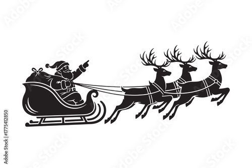 Santa Claus Sleigh with Reindeer Silhouette Vector Illustration