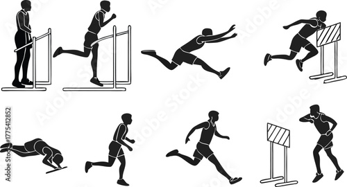 Dynamic athlete silhouettes clearing hurdles in a track and field event, showcasing determination, agility, and peak athletic performance for sports visuals