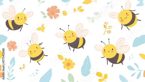 A cute cartoon vector seamless pattern with funny Easter rabbits, spring flowers, and butterflies