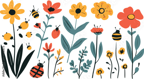 A seamless vector illustration of spring flowers and butterflies creating a floral pattern design with leaves and a vibrant nature texture