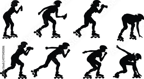 Dynamic inline skater silhouettes in various poses, perfect for fitness, sports, and active lifestyle designs, originally a vector scalable graphic