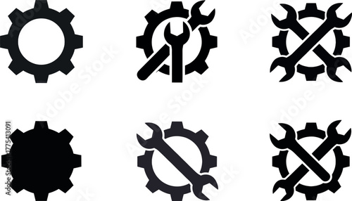 Set of six black icons representing gears and wrenches