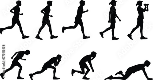 Dynamic vector art showing diverse fitness activities like running, walking, and exercising - perfect for health, sports, and wellness campaigns