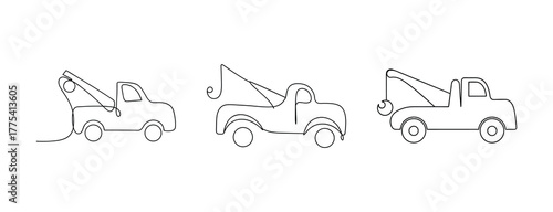 Three tow trucks line art icons for roadside assistance and vehicle recovery