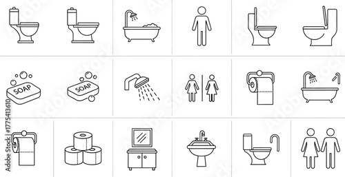 Collection of bathroom icons, including toilets, bathtubs, sinks, showers, soap, and toilet paper