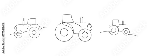 Three detailed line drawings of agricultural tractors in different views