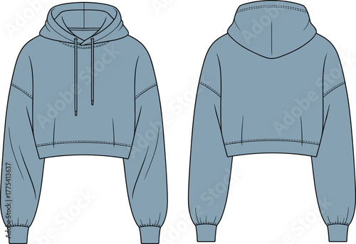 Women’s cropped hoodie, drawstring hood, dropped shoulder design, ribbed hem, long sleeve