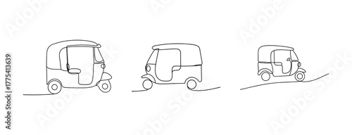 Tuk tuk icons set three different angles line art style transportation