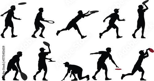 Dynamic action sequence of athletes playing ultimate frisbee in silhouette, showcasing teamwork, skill, and agility for sports and fitness visuals