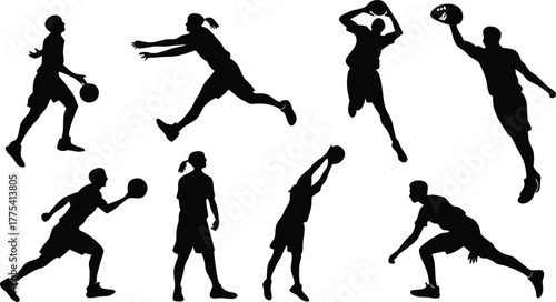 Dynamic basketball players silhouette collection, showcasing athleticism, teamwork, and sports action for posters, designs, and athletic promotions