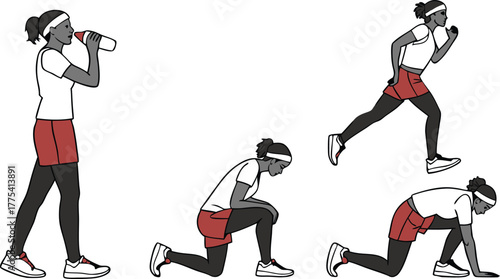 Dynamic woman exercising and hydrating after a workout, illustrating health and fitness in a scalable vector graphic format perfect for any design