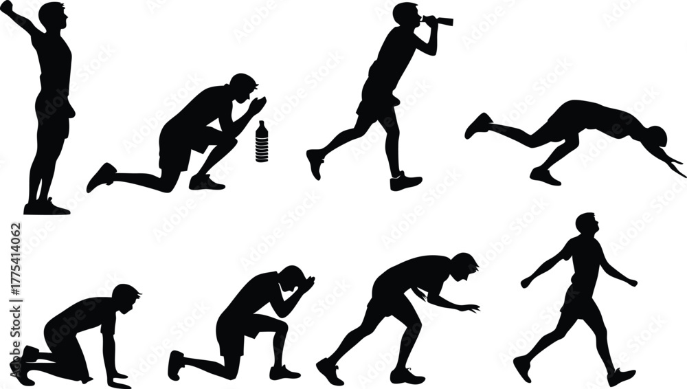 Fototapeta premium Running athlete silhouette collection. Includes sprinting, jogging, and exercising poses. Created in solid black style on white background