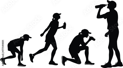 Silhouette sequence of athletic woman running, stretching, hydrating - dynamic fitness lifestyle for health, vitality, and wellness promotion