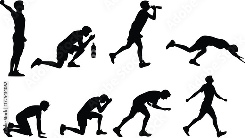 Dynamic silhouette of a man in various athletic poses, showcasing strength, flexibility, and determination for fitness, training, and sports concepts