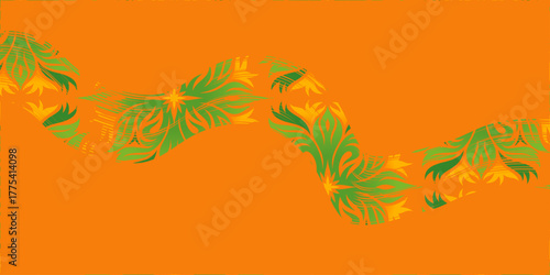 Abstract vector illustration of a tropical beach sunset silhouette with palm leaves and ocean water