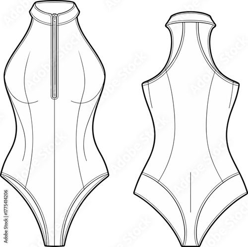 One-piece swimsuit technical flat sketch, fashion CAD drawing, vector illustration apparel design, high neckline, racerback style, partial zipper front