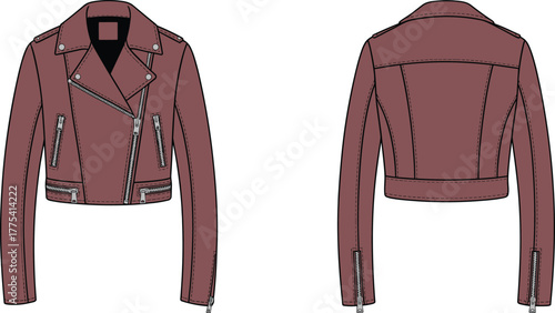 Women’s cropped biker jacket, asymmetrical zipper closure, wide lapels, zippered pockets, technical fashion sketch, garment illustration, apparel design, stylish outerwear