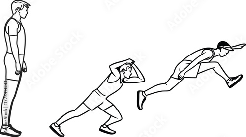 Dynamic athlete in motion demonstrating a hurdle jump sequence, perfect for fitness instruction or sports illustrations showing peak performance