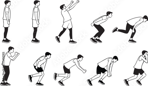 Dynamic sequence of a man demonstrating a volleyball block, from upright stance to jump and block, useful for sports training visuals