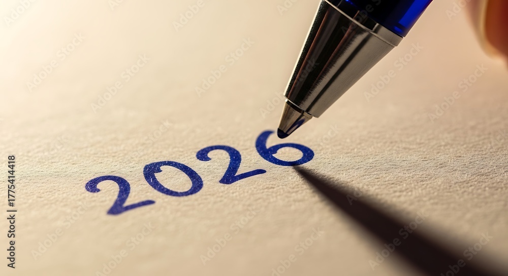 Fototapeta premium A close-up of a blue ballpoint pen writing the number 2026 on paper, a concept for future planning, new year goals, and aspirations