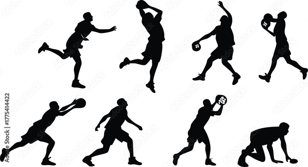 Obraz premium Sports silhouettes icon collection. Includes tennis, basketball, baseball, soccer, and volleyball player silhouettes. Created in black silhouette style with white background