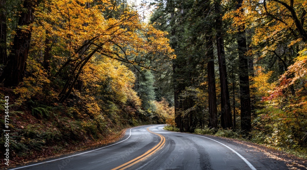 Fototapeta premium Winding road through autumn forest (3)