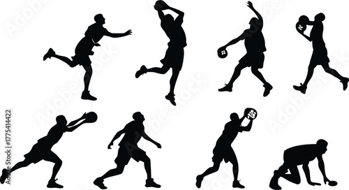 Dynamic basketball action silhouettes for sports branding and energetic designs, conveying athleticism, agility, and competitive spirit in motion