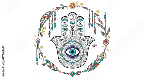 Elegant Hamsa hand vector elements with evil eye, mandala, and feather wreath for boho spiritual branding