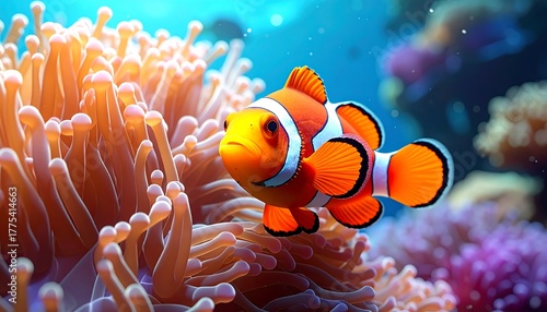 Fototapeta Naklejka Na Ścianę i Meble -  Orange clownfish swimming near anemone in blue water, coral reef background. Sunlight dappled, bright and vibrant colors abound