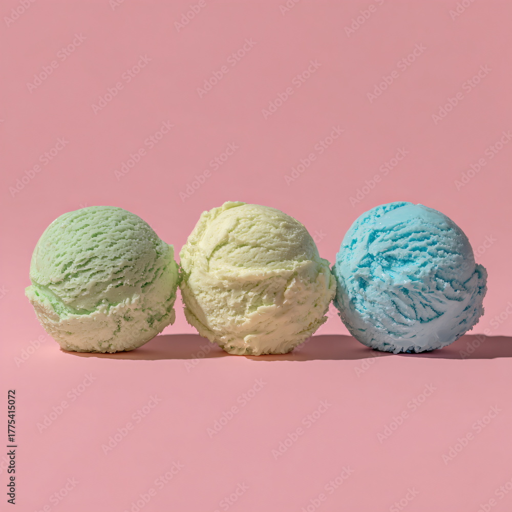 Fototapeta premium Three Colorful Ice Cream Scoops on Pink Background
