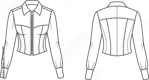 Fitted women’s jacket, fashion flat sketch, collared neckline, zipper closure, princess seams, puff sleeve cuffs, garment design, apparel illustration, clothing pattern