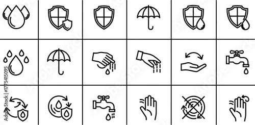 Collection of line art icons demonstrating waterproof and protection features