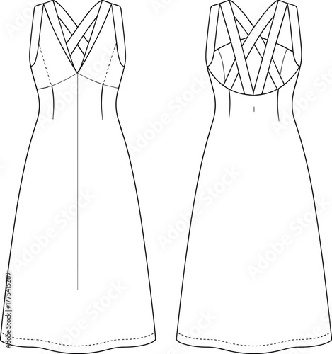 Sleeveless dress technical flat sketch, fashion CAD drawing, vector illustration apparel design, V-neck bodice, A-line skirt, crisscross strap back
