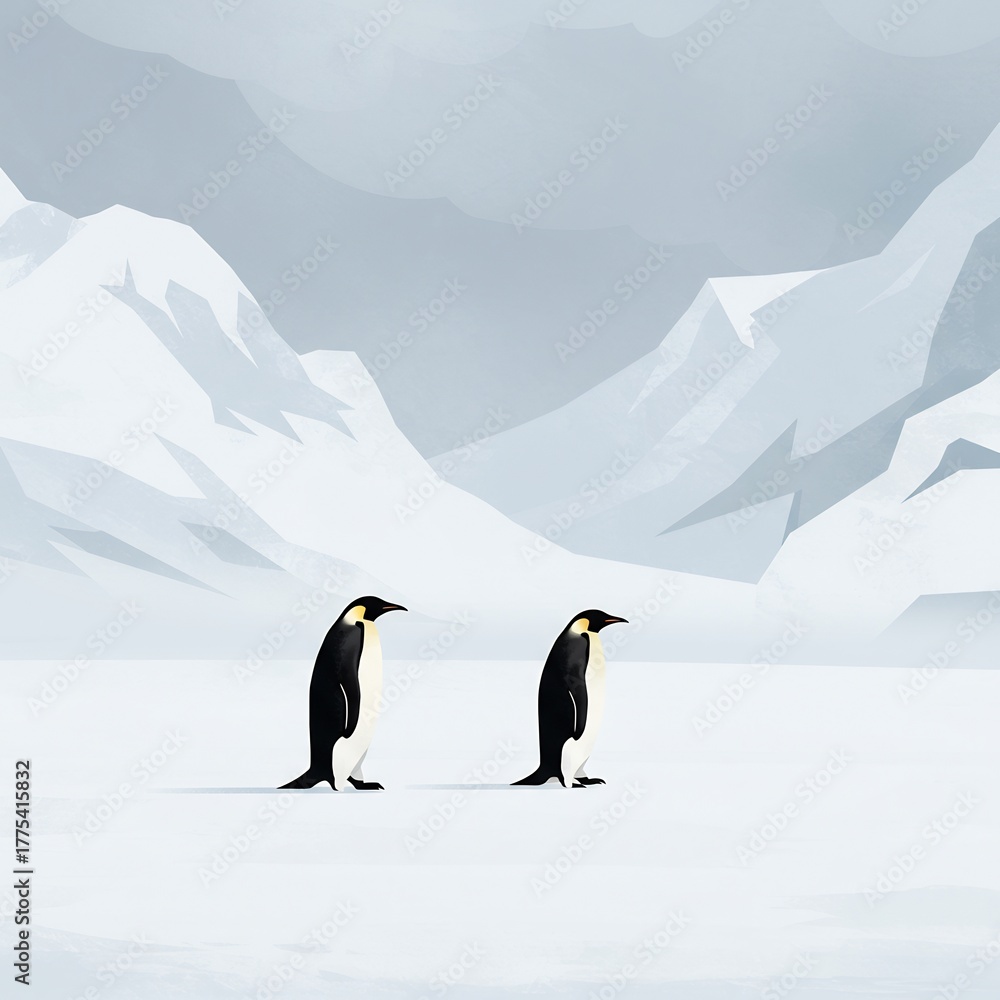 Fototapeta premium Two Emperor Penguins in a Snowy Antarctic Landscape.
