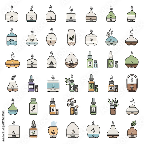 Collection of aroma diffusers and essential oil bottles with plant motifs.