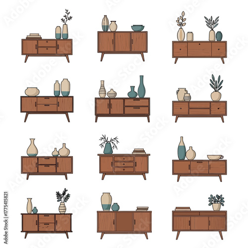 Various wooden cabinets adorned with vases, bowls, books, and plants.