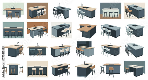 Kitchen islands with sinks, stovetops, and bar stools in various arrangements.