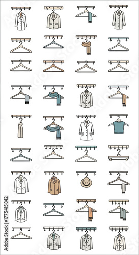 Coats and scarves hang on wooden and metal hangers.