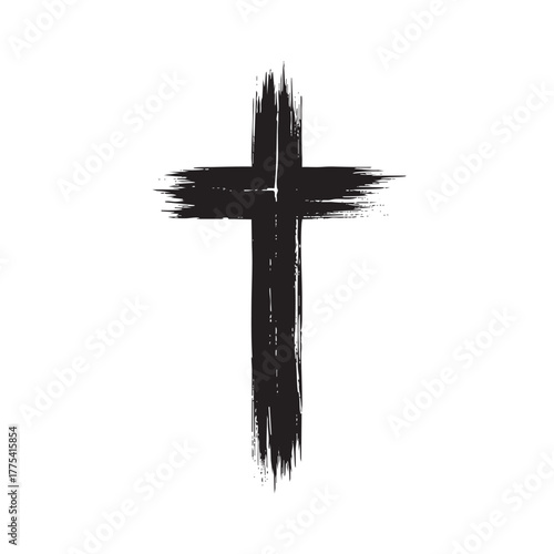 Black ink brush stroke cross symbol on white background christianity religion