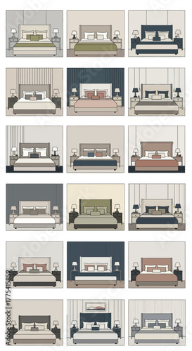Collection of bedroom scenes with beds, nightstands, and lamps.