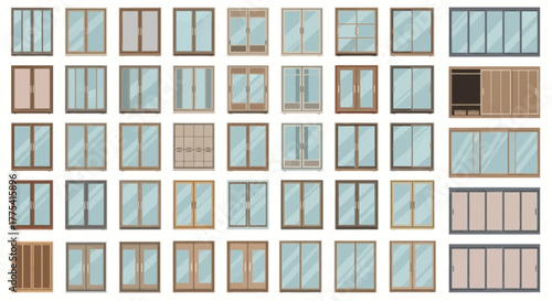 Collection of diverse window and door designs with glass panels.